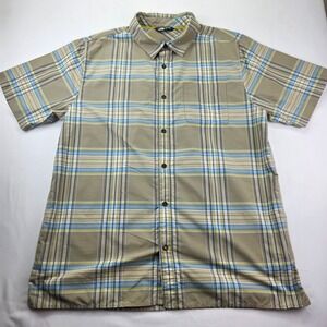 The North Face Mens Plaid Short Sleeve Button Up Shirt LARGE Khaki Blue Yellow